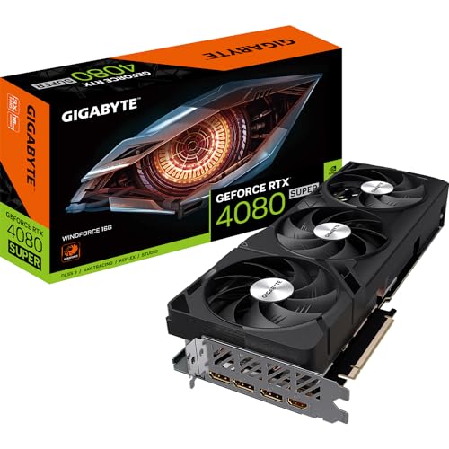 Gigabyte GeForce RTX 4080 SUPER WINDFORCE Grafikkarte - 2550MHz Core, 16GB GDDR6X 23000MHz 256-Bit Speicher, PCI-E 4.0, 3X DP 1.4, 1x HDMI 2.1a, NVIDIA DLSS 3.5, GV-N408SWF3-16GD