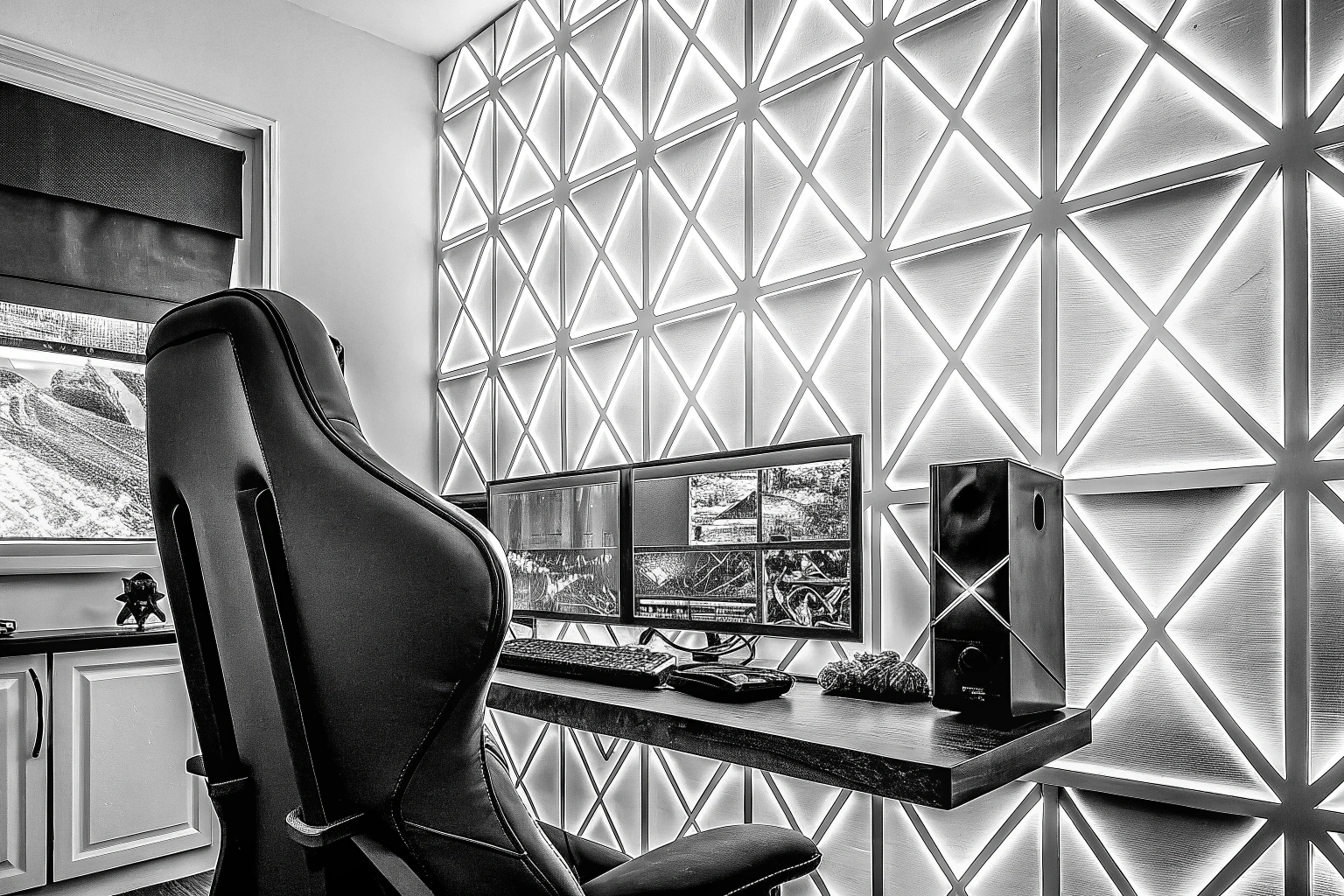 3D Wandpaneele von Deccart, die in einem modernen Gaming-Zimmer installiert sind. Deccart 3D Wandpaneele