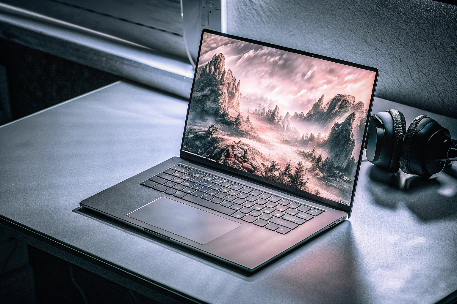 ACEMAGIC Gaming Laptop auf einem Schreibtisch, zeigt ein kreatives Design auf dem Bildschirm. ACEMAGIC Gaming Laptop