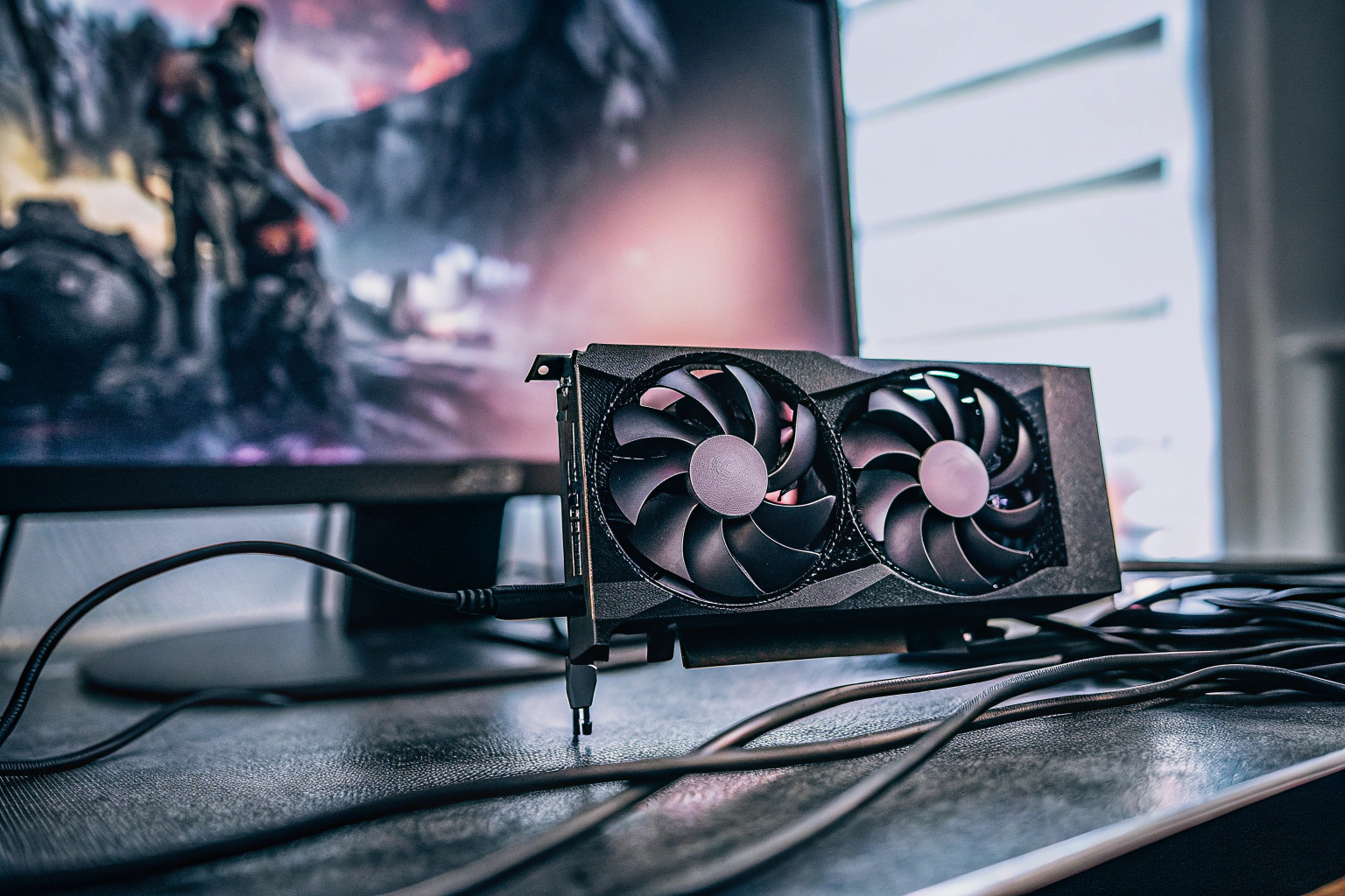 ASUS Dual GeForce RTX 3050 OC Edition Grafikkarte im Einsatz, aufgenommen während eines intensiven Gaming-Marathons. ASUS Dual GeForce RTX 3050 OC Edition