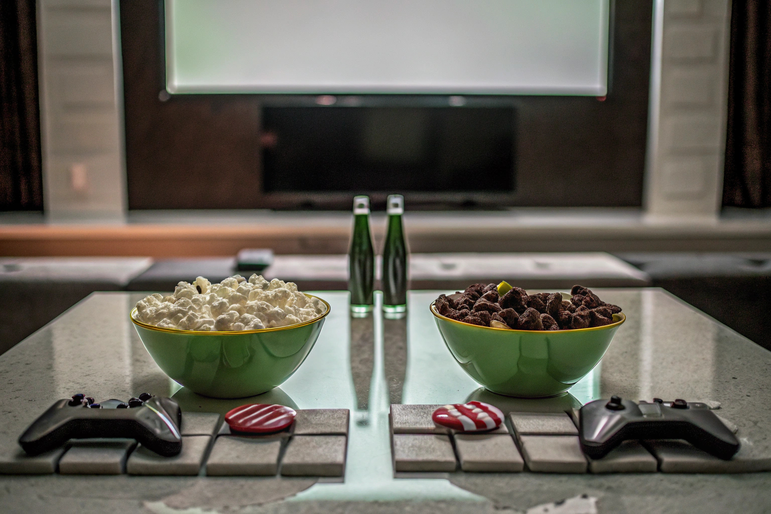 Auswahl an Snacks und Getränken auf einem dekorativen Tisch während eines Gaming-Events. Snacks und Erfrischungen