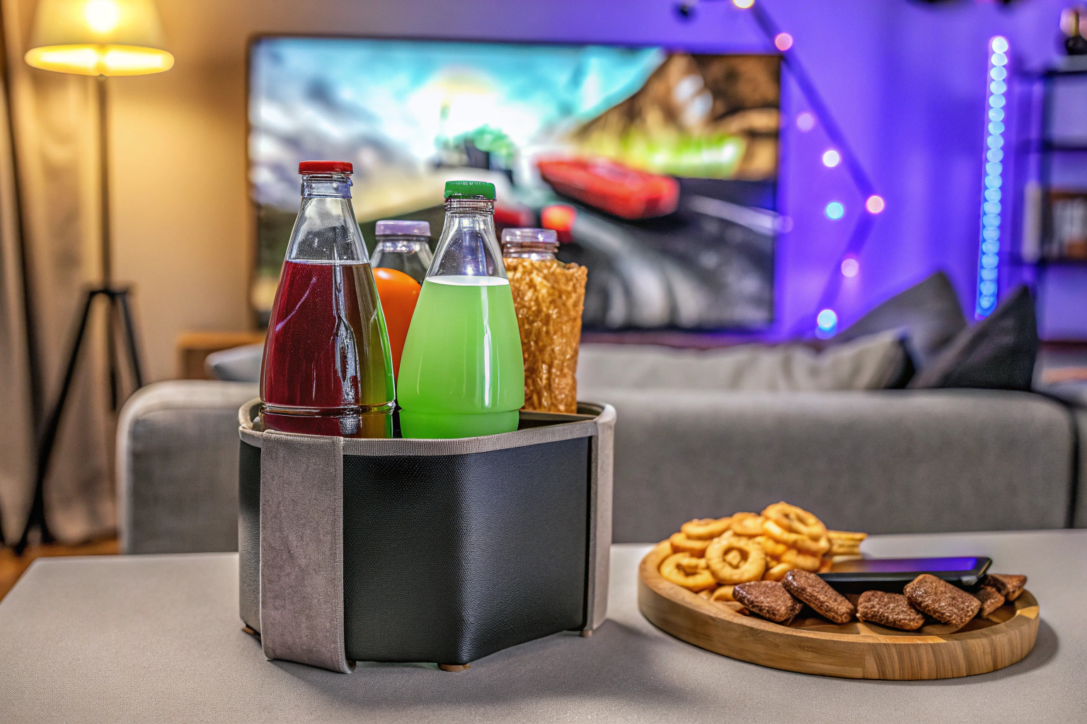 Bild einer Gaming-Session mit Getränken und Snacks in einer Flaschentasche Gaming-Session mit Flaschentasche