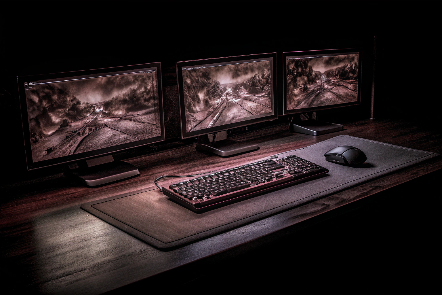 Bild einer modernen Gaming-Setup mit mehreren Bildschirmen und High-End-Hardware. Moderne Gaming-Setup