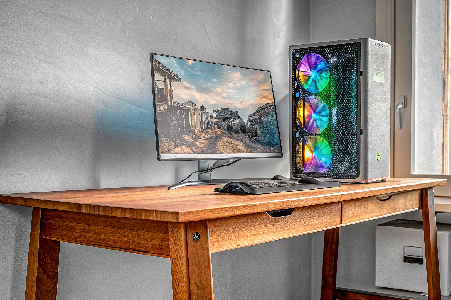 Bild eines modernen Gaming-PCs mit leistungsfähiger Grafikkarte, die Ray Tracing unterstützt. Gaming-PC mit Ray Tracing Unterstützung