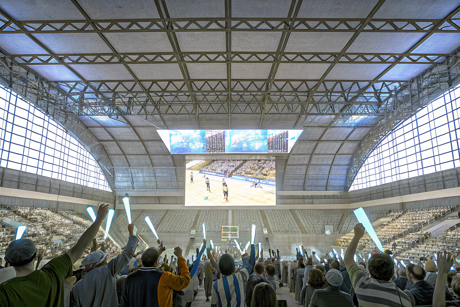 Bild von Fans bei einem großen E-Sport-Event, die ihre Teams unterstützen. E-Sport-Fans bei einem Turnier