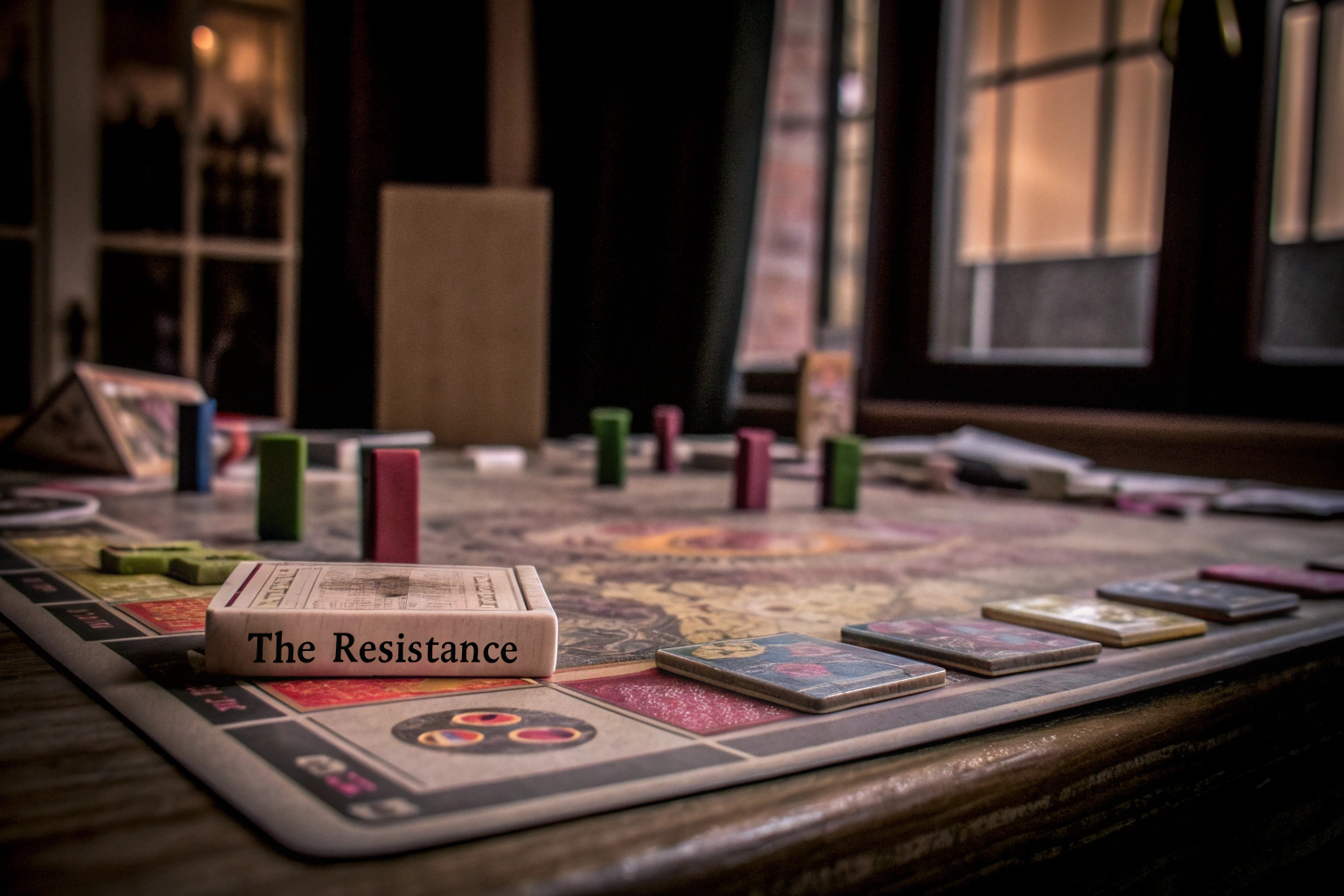 Das Brettspiel 'Der Widerstand' in Aktion mit Teilnehmern, die ihre Strategien planen. Brettspiel Der Widerstand