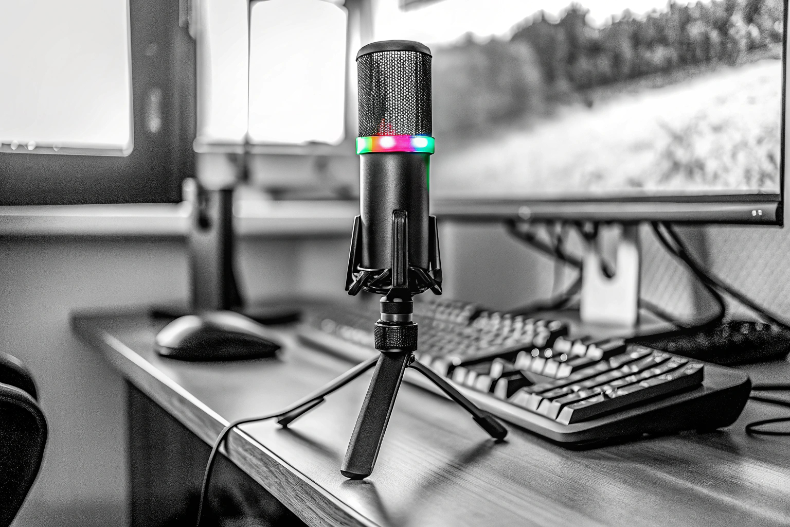 Das COCONISE Gaming Mikrofon leuchtet in verschiedenen RGB-Farben und steht auf einem Schreibtisch. COCONISE Gaming Mikrofon