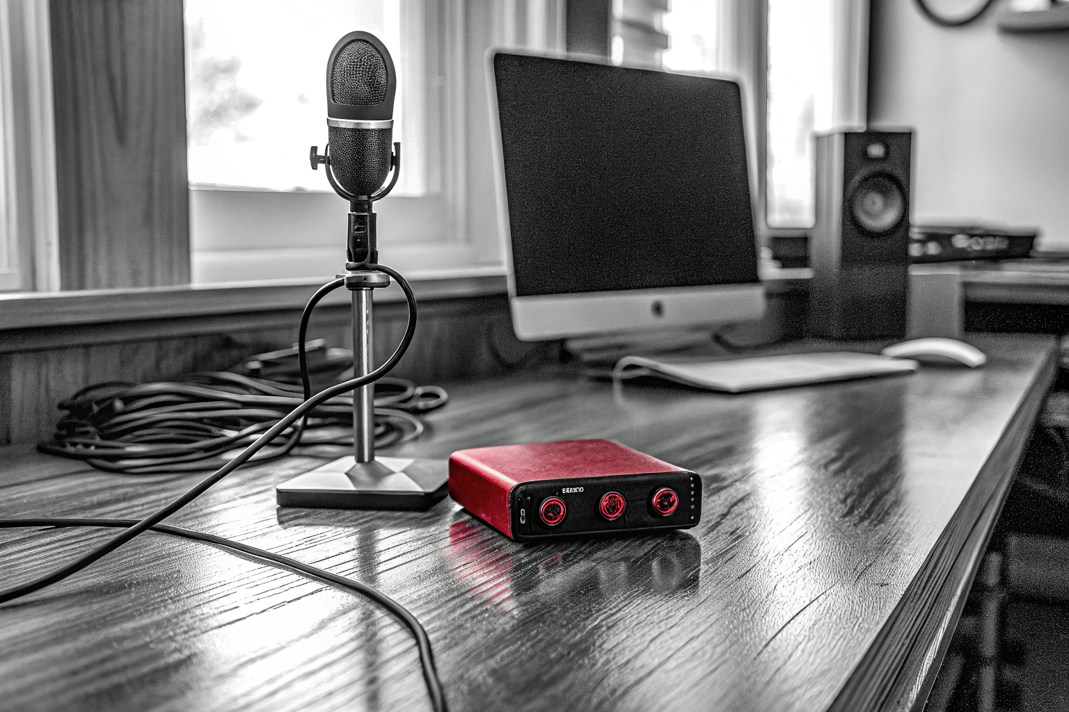 Das Focusrite Scarlett Solo 4. Gen USB-Audio-Interface in einem Heimstudio-Setup. Focusrite Scarlett Solo 4. Gen USB-Audio-Interface