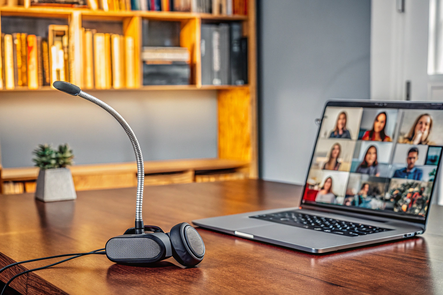 Das Fyvadio USB Konferenzmikrofon in einer Online-Meeting-Situation. Fyvadio USB Konferenzmikrofon