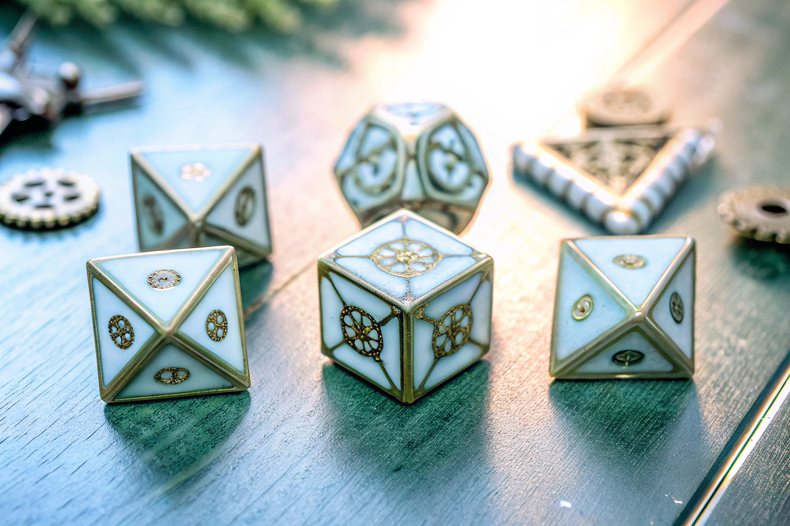 Das Mini DND Würfel Set mit einer stilvollen Präsentation im Steampunk-Design. Steampunk DND Würfel Set