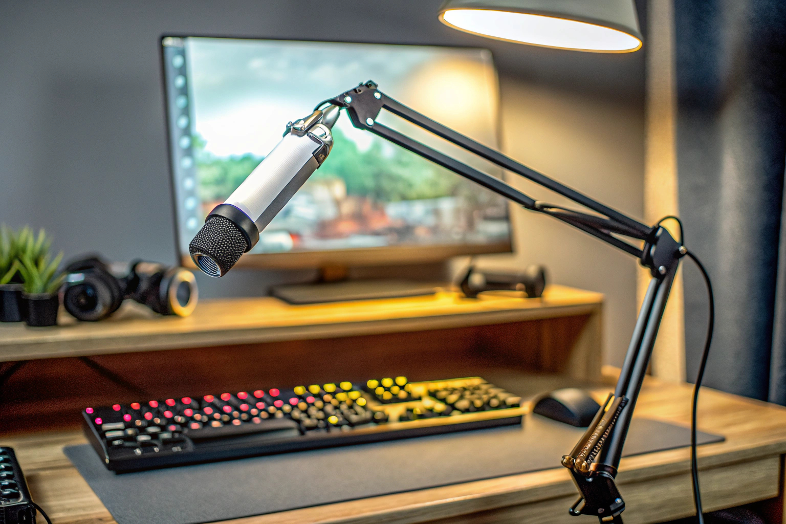 Das QIUOIO Gaming Mikrofon mit flexiblem Arm-Ausleger, das in einem Streaming-Setup verwendet wird. QIUOIO Gaming Mikrofon