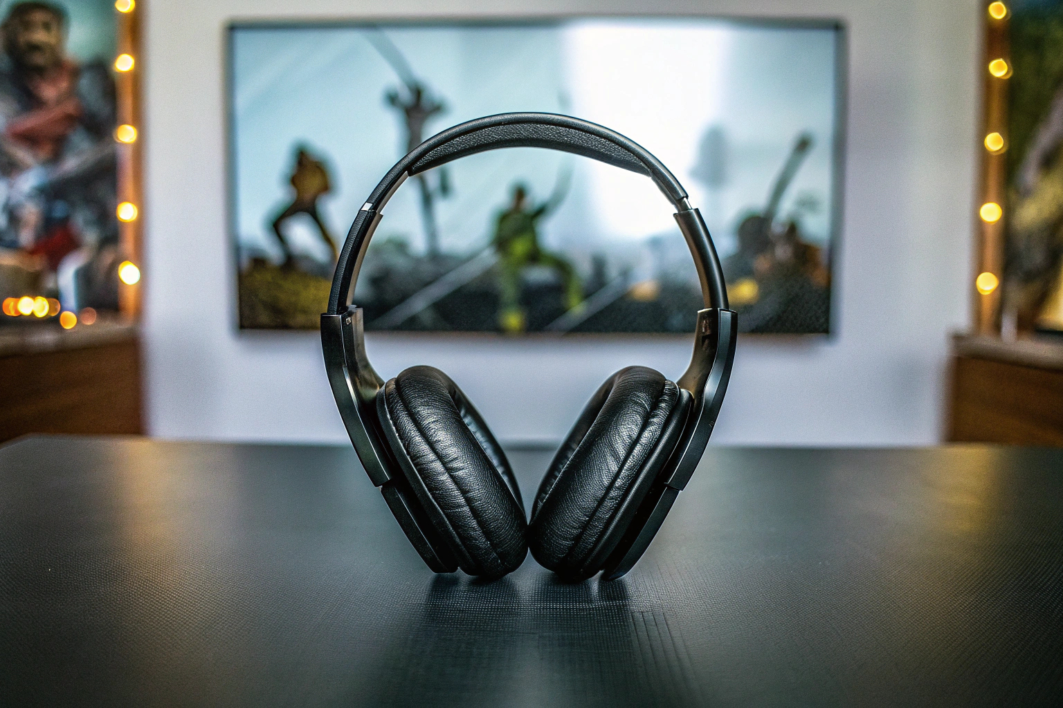 Das Trust Gaming GXT 498W Forta Headset auf einem Tisch mit Videospielfiguren. Trust Gaming GXT 498W Forta Headset