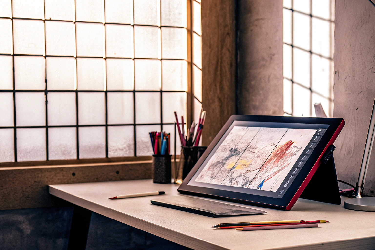 Das XPPen Artist 12 Grafikdisplay in einer kreativen Umgebung, ideal für detailreiche Zeichnungen. XPPen Artist 12 Grafikdisplay