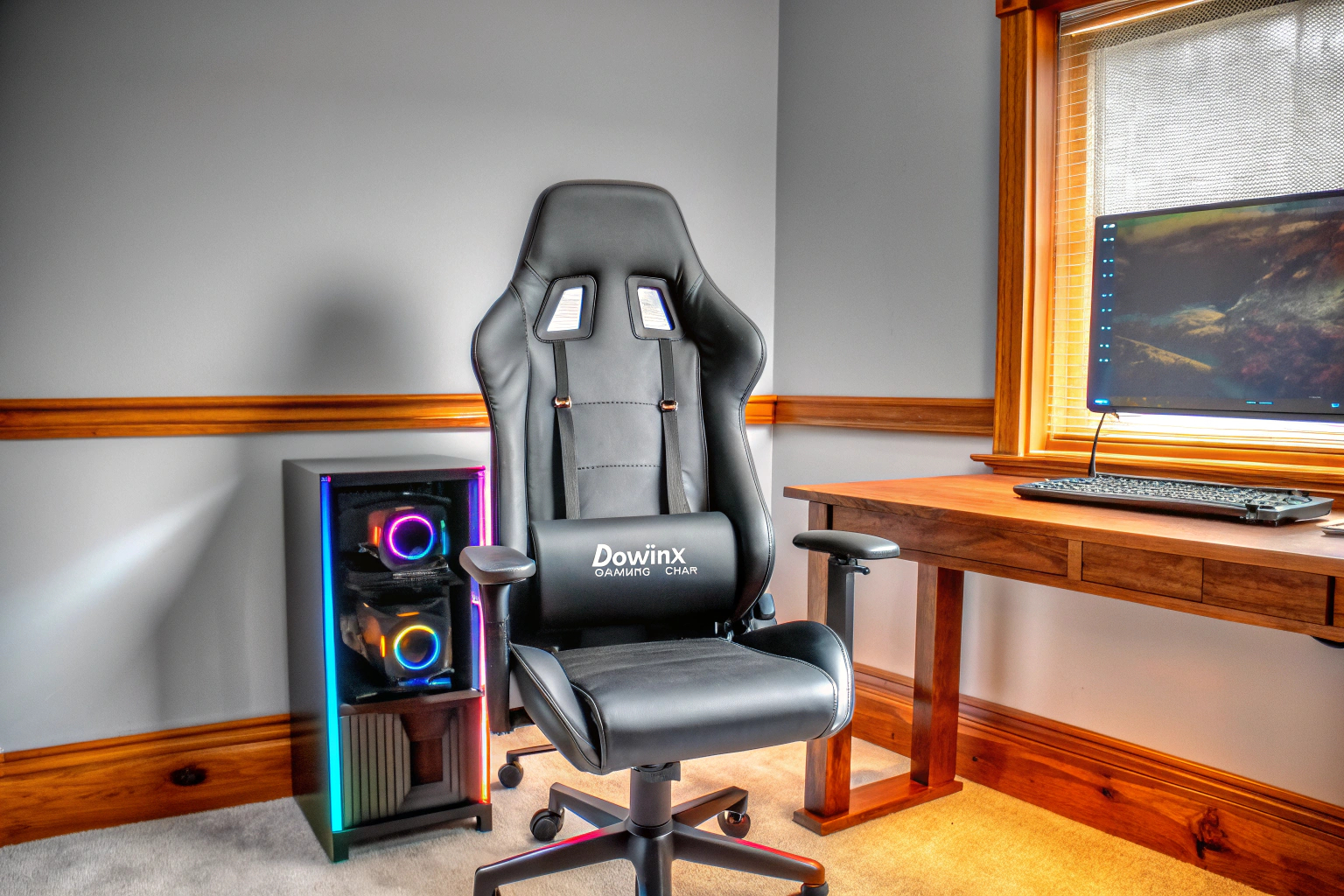 Der Dowinx Gaming-Stuhl in Schwarz neben einem Gaming-PC. Dowinx Gaming-Stuhl in Schwarz