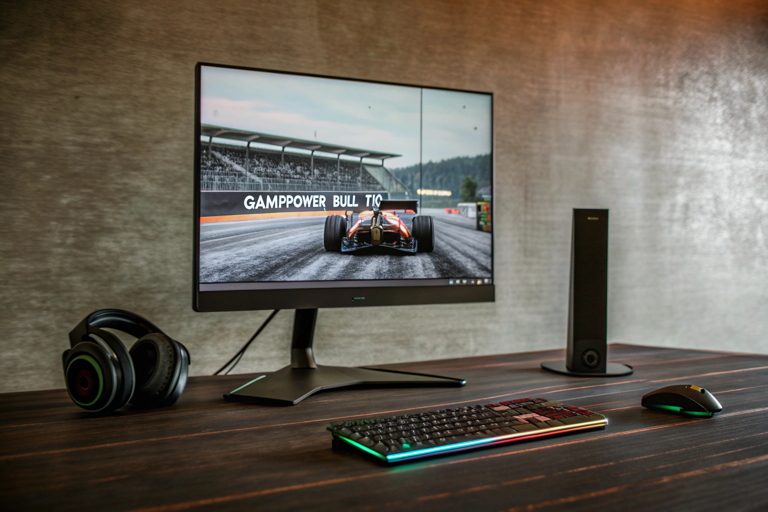 Der GAMEPOWER Bull T10 Gaming Monitor auf einem Schreibtisch, eingerahmt von Gaming-Zubehör. GAMEPOWER Bull T10 auf einem Schreibtisch