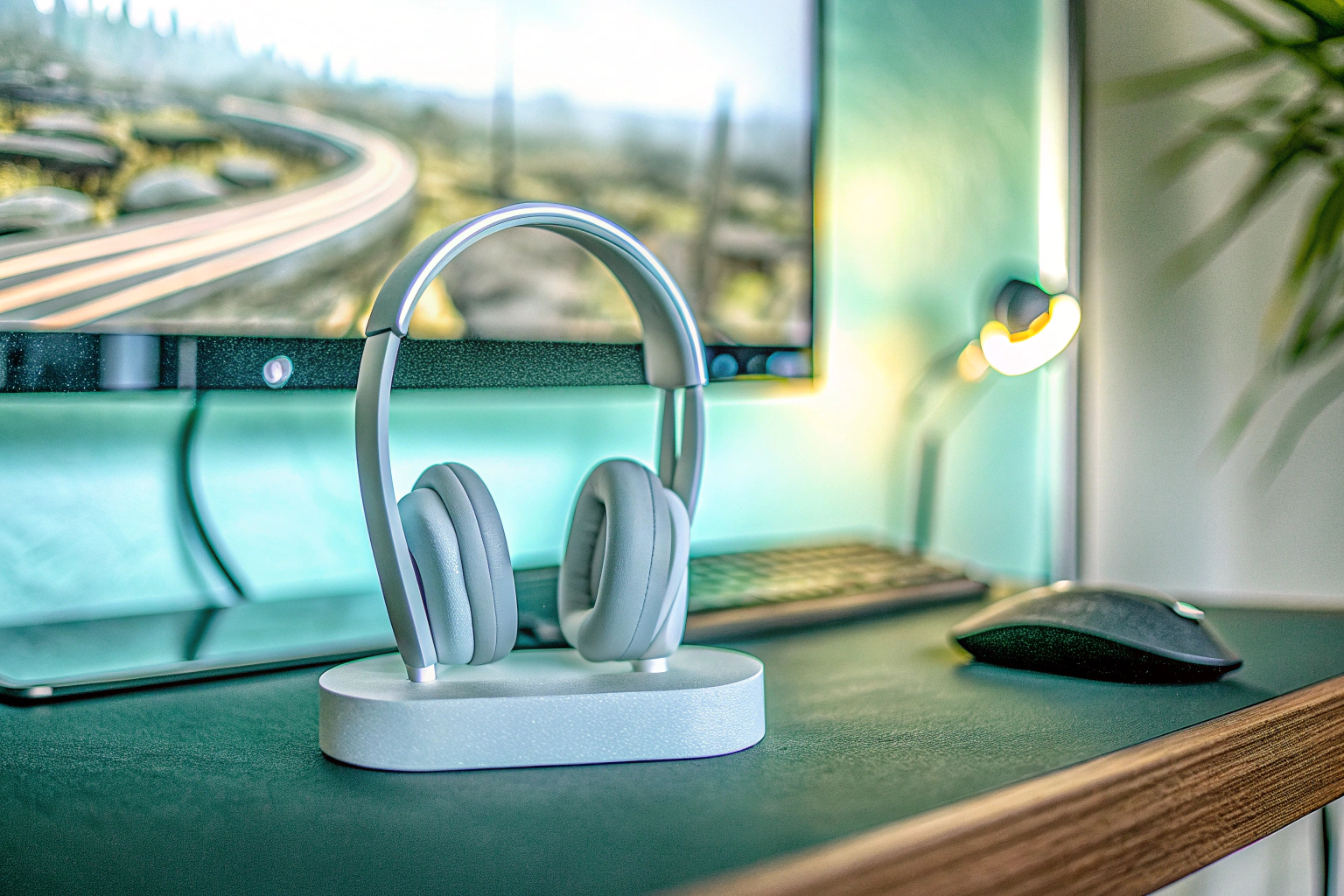 Der Kiuiom Headset Ständer auf einem Schreibtisch neben Gaming-Equipment. Kiuiom Headset Ständer auf Schreibtisch