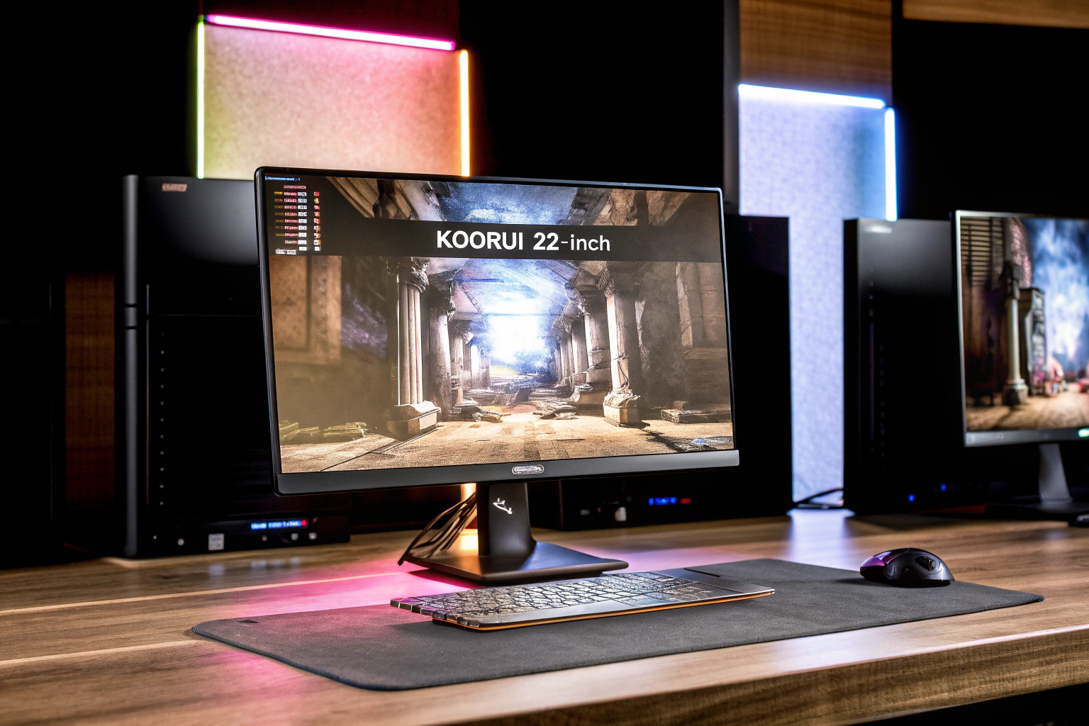 Der KOORUI 22 Zoll Gaming Monitor im Einsatz, perfekt für ein Multi-Monitor-Setup. KOORUI 22 Zoll Gaming Monitor