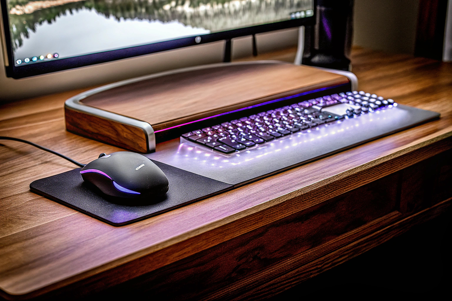 Der MOOJAY Monitor Ständer auf einem Schreibtisch mit angeschlossenen Geräten und RGB-Beleuchtung. MOOJAY Monitor Ständer