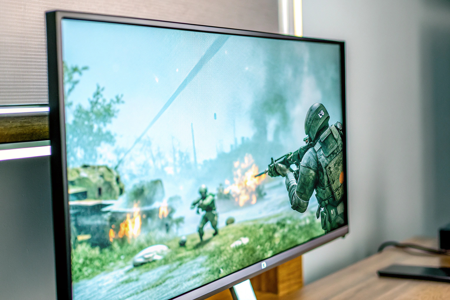 Der Samsung Odyssey G30D Monitor zeigt ein rasantes Actionspiel. Samsung Odyssey Gaming Monitor