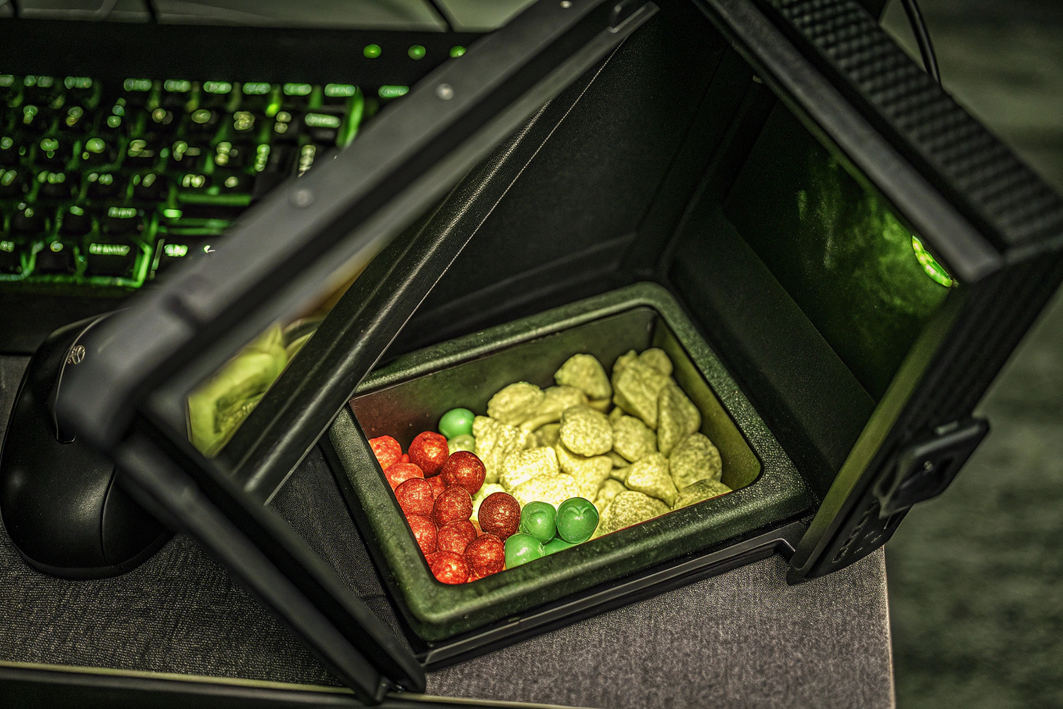 Der snagger Snackspender in Aktion mit verschiedenen Snacks. snagger Snackspender
