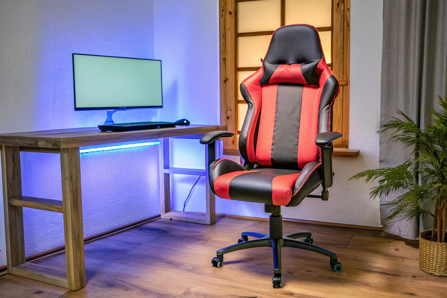 Der SUKIDA Gaming Stuhl in einem minimalistischen Gaming-Raum. SUKIDA Gaming Stuhl in einem minimalistischen Gaming-Raum