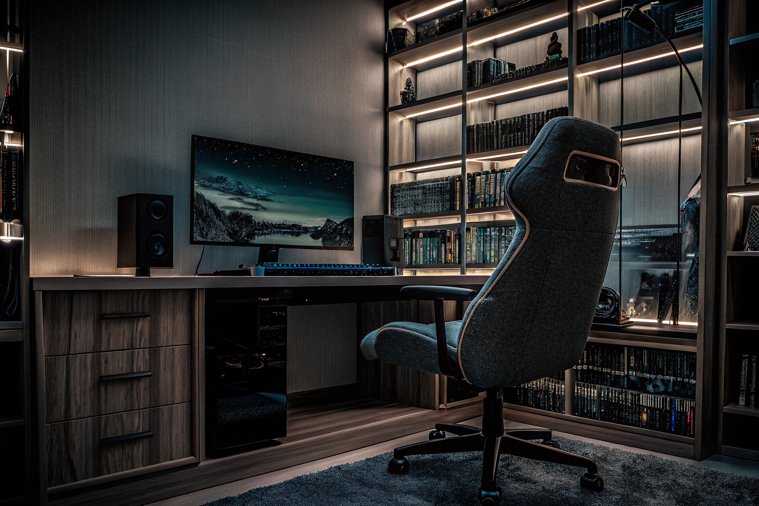Detailansicht eines stilvoll eingerichteten Gaming-Zimmers mit RGB-Leuchten Gaming-Zimmer mit RGB-Leuchten