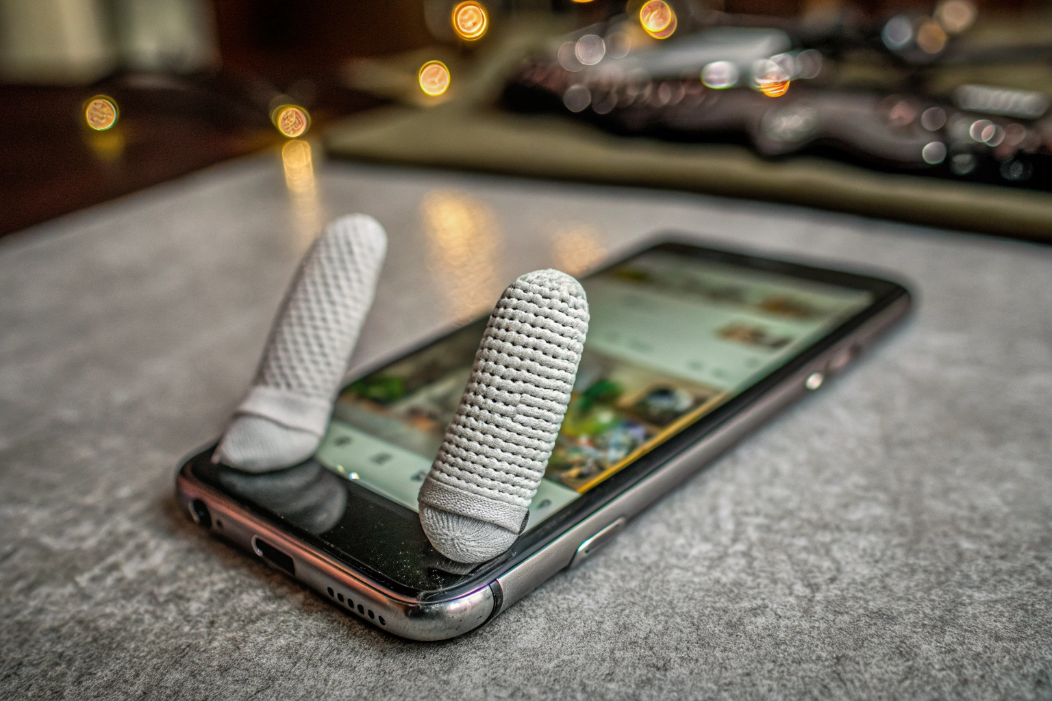 Detailaufnahme der Gjinxi Fingerhüllen im Einsatz, perfekt für mobile Gaming-Sessions. Gjinxi Fingerhüllen im Einsatz