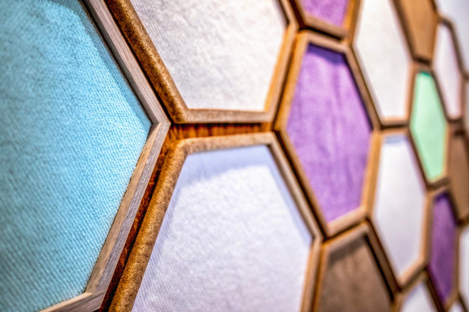 Detailaufnahme der Hexagon Akustikplatten, die an einer Gaming-Wand angebracht sind. Hexagon Akustikplatten an Gaming-Wand