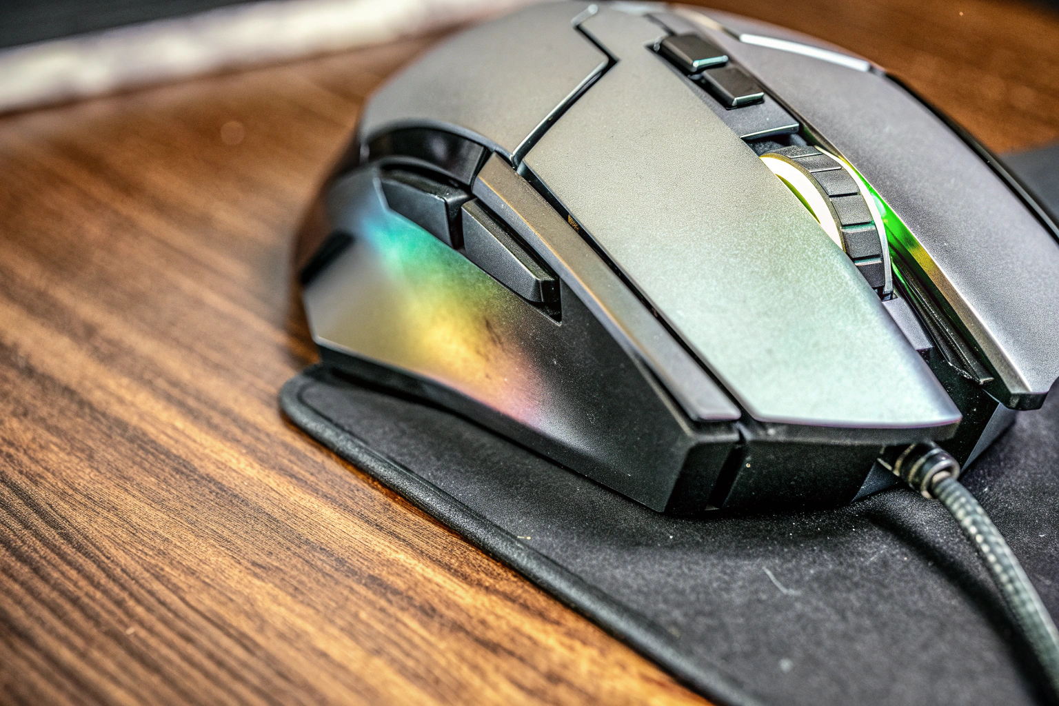 Detailaufnahme der Logitech G502 HERO Gaming-Maus, die ihre ergonomische Form und die RGB-Beleuchtung zeigt. Logitech G502 HERO Gaming-Maus