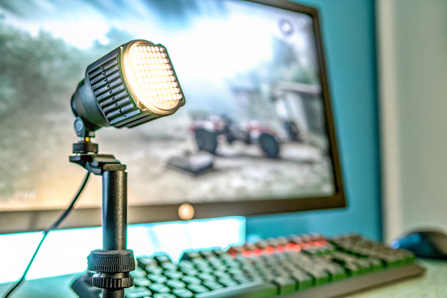 Detailaufnahme der NEEWER LED Videoleuchte im Einsatz bei einem Gaming-Fotoshoot NEEWER LED Videoleuchte für Gaming-Fotoshoot