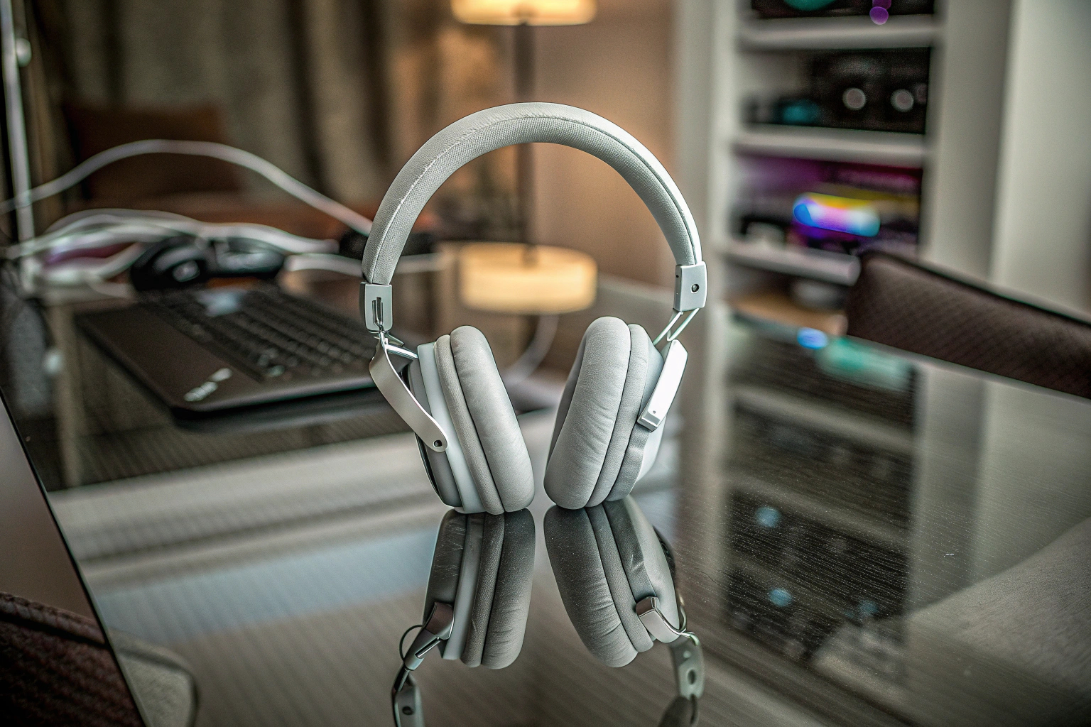 Detailaufnahme des HyperX Cloud III Headsets, das auf einem Schreibtisch neben einer Gaming-Konsole liegt. HyperX Cloud III Headset