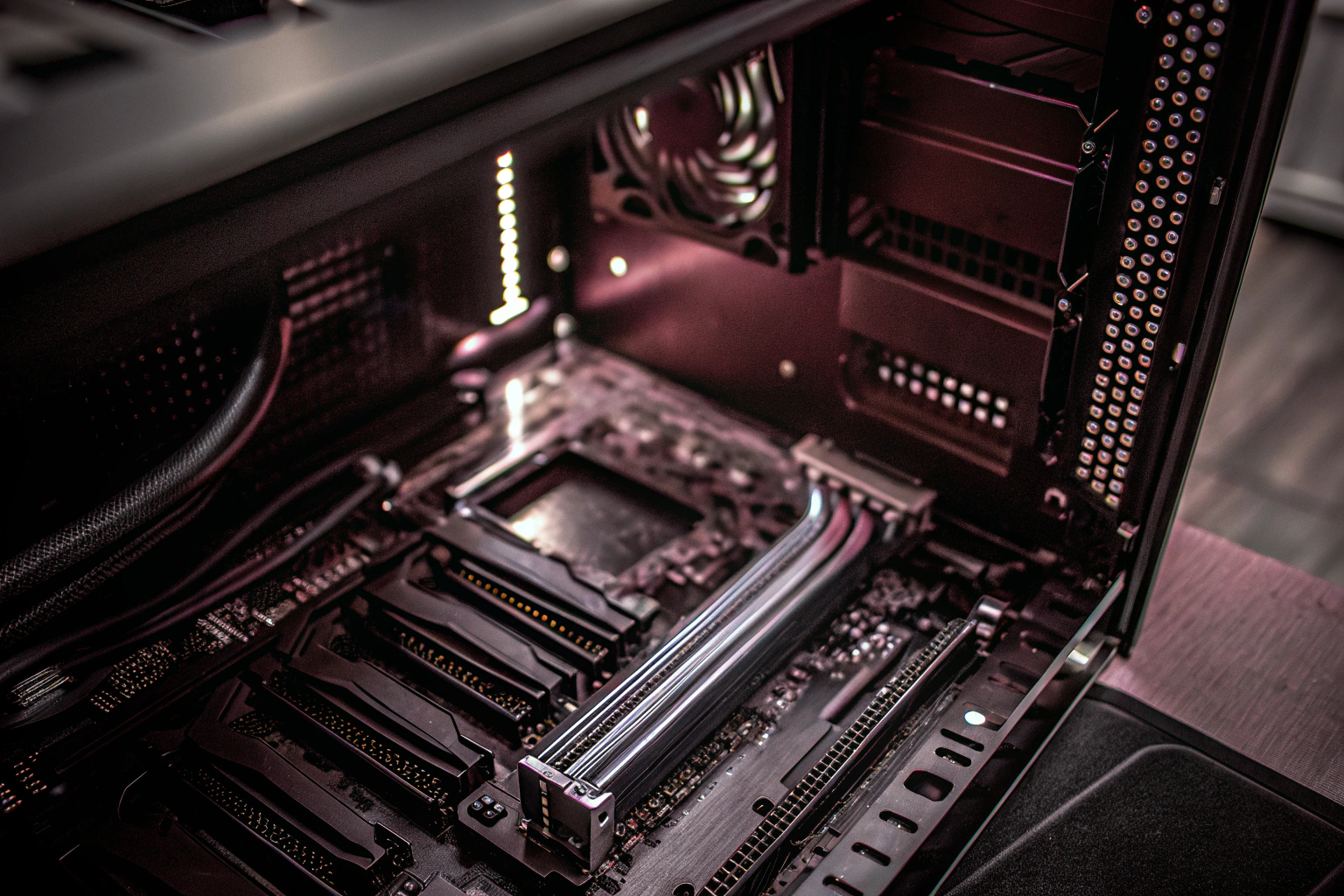 Detailaufnahme des Mainboards, das in ein Computergehäuse eingebaut wird. Mainboard Einbau PC