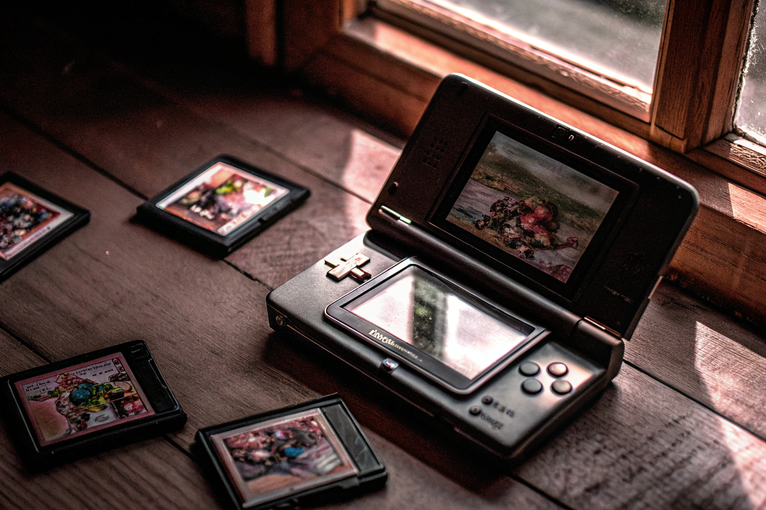 Detailaufnahme des Nintendo DS, der verschiedene Spiele zeigt. Nintendo DS Spieleauswahl