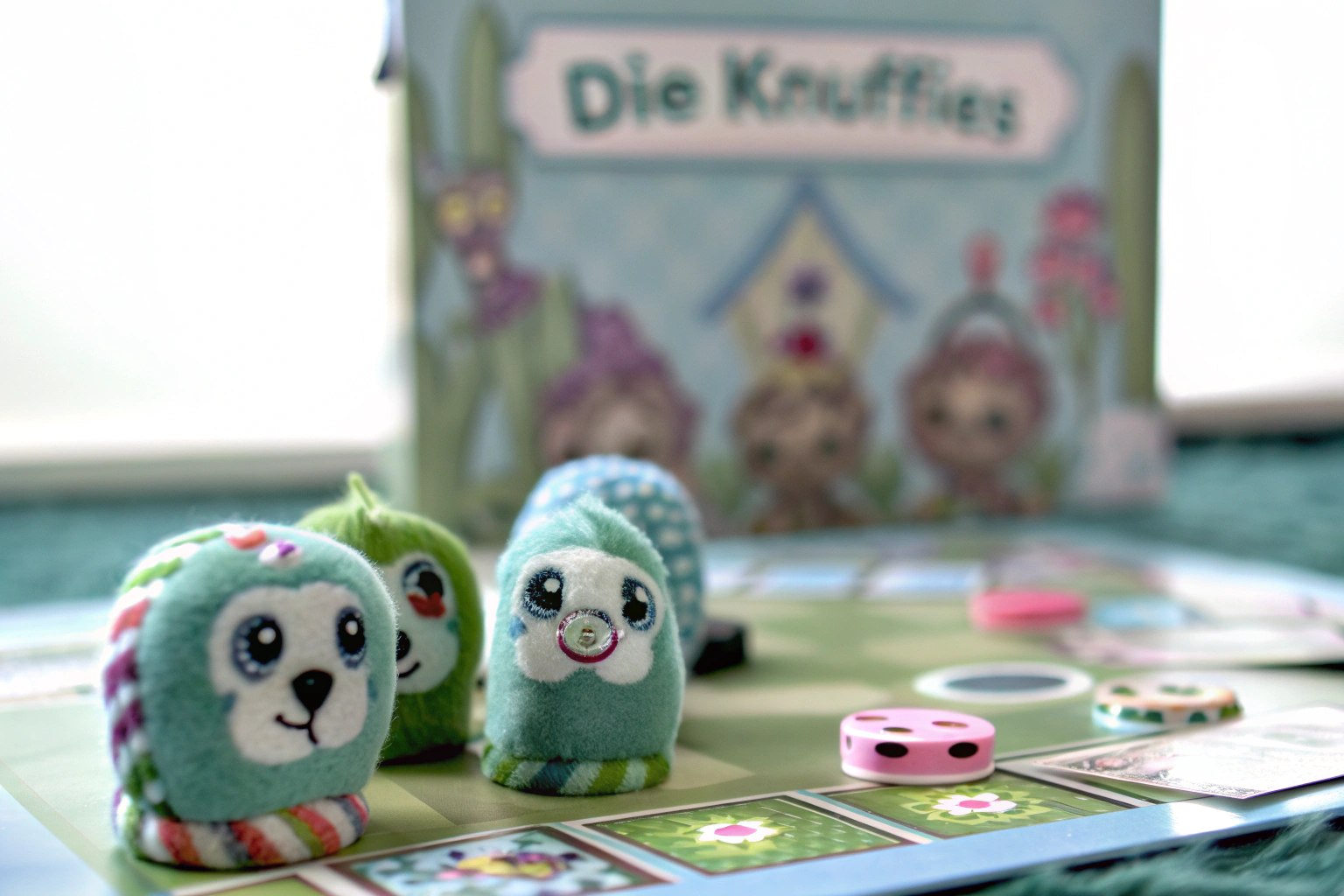 Detailaufnahme des Partyspiels 'Die Knuffies' in Aktion. Detailaufnahme des Spiels Die Knuffies