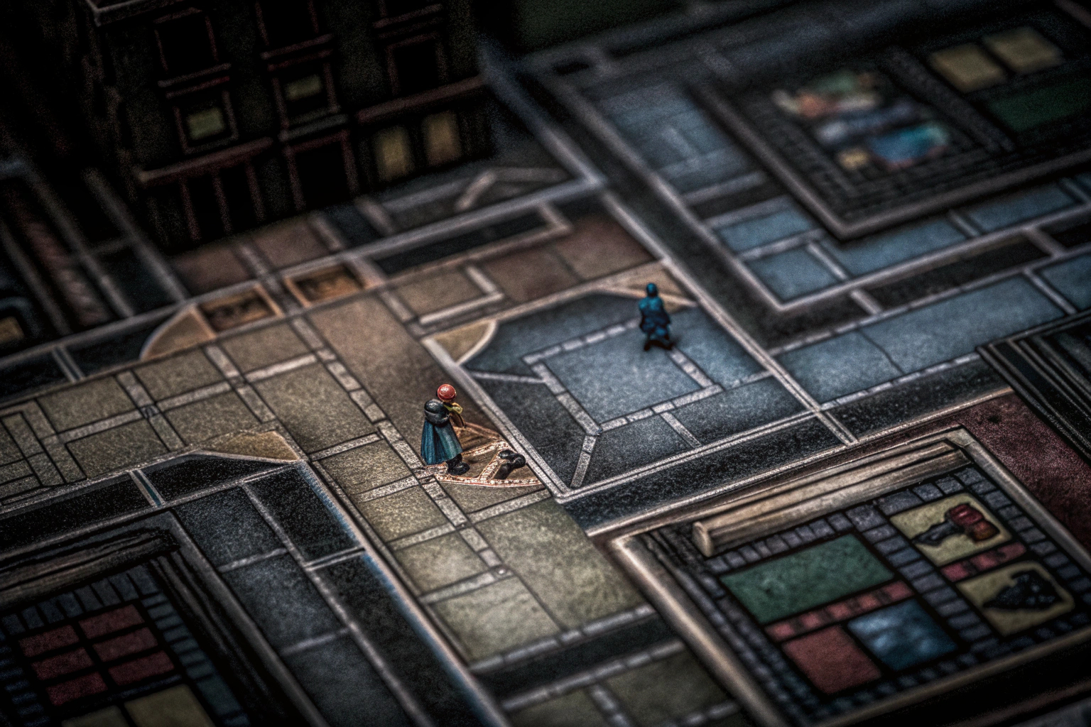 Detailaufnahme des Spielplans von MicroMacro: Crime City. MicroMacro Crime City Spielplan