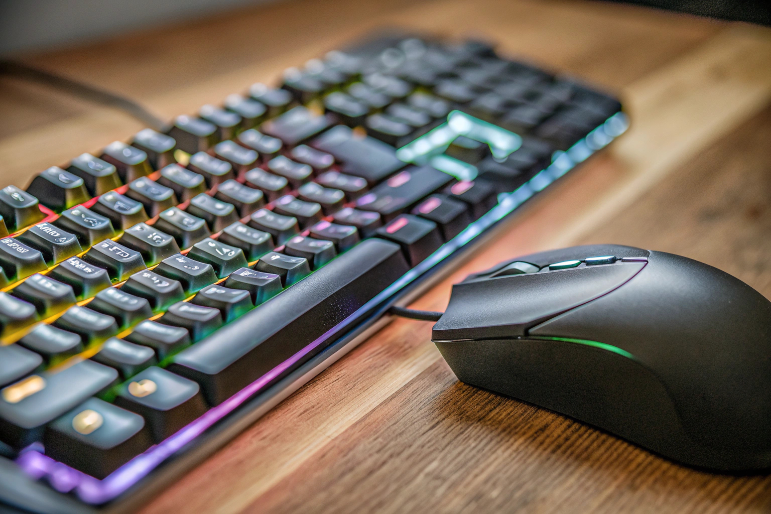 Detailaufnahme einer beleuchteten Gaming-Tastatur und Maus, die aufregend in Szene gesetzt sind. Gaming-Ausrüstung im Detail