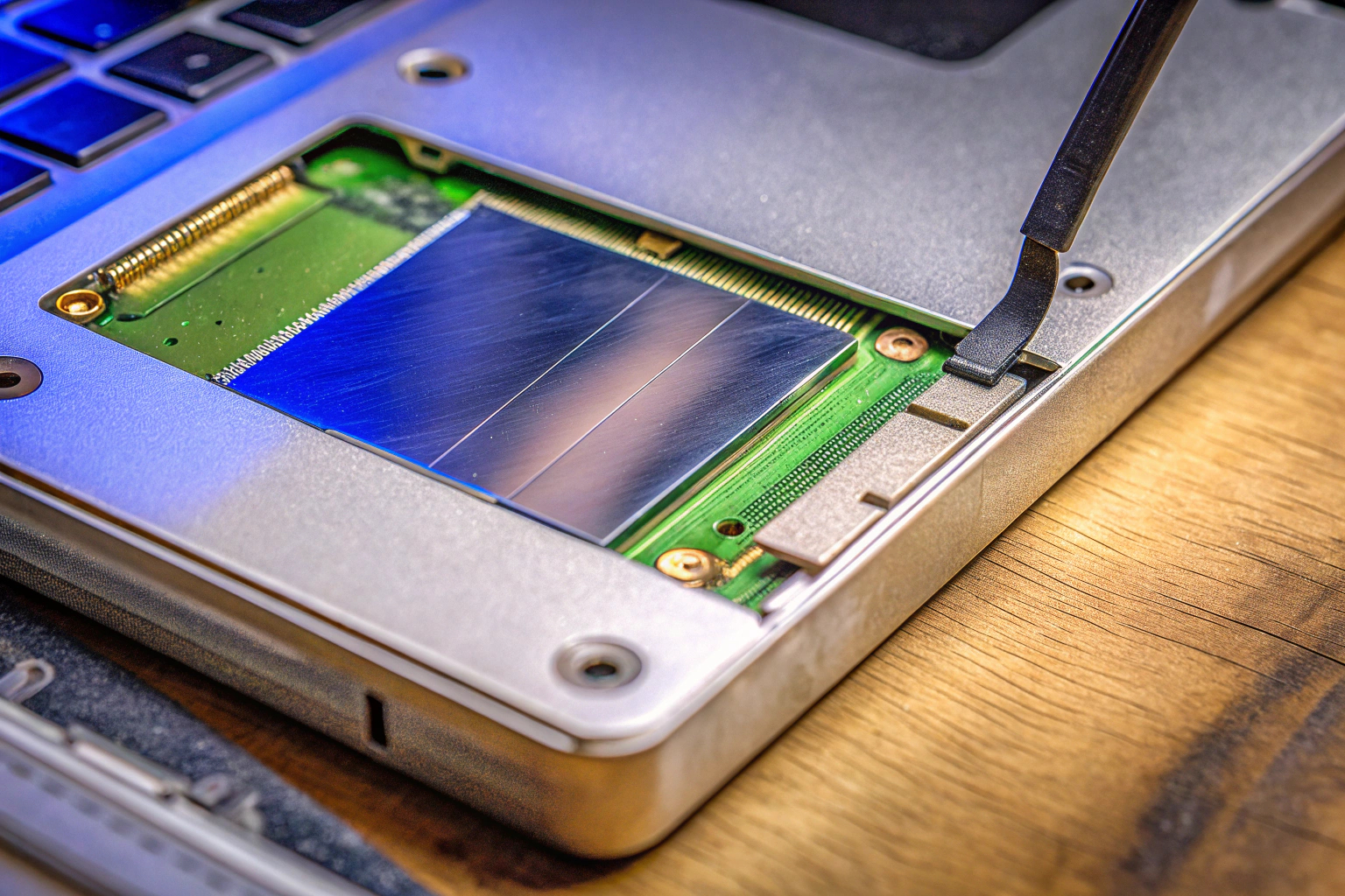 Detailaufnahme einer Crucial BX500 SSD, die in einen Laptop eingebaut wird. Crucial BX500 SSD Einbau