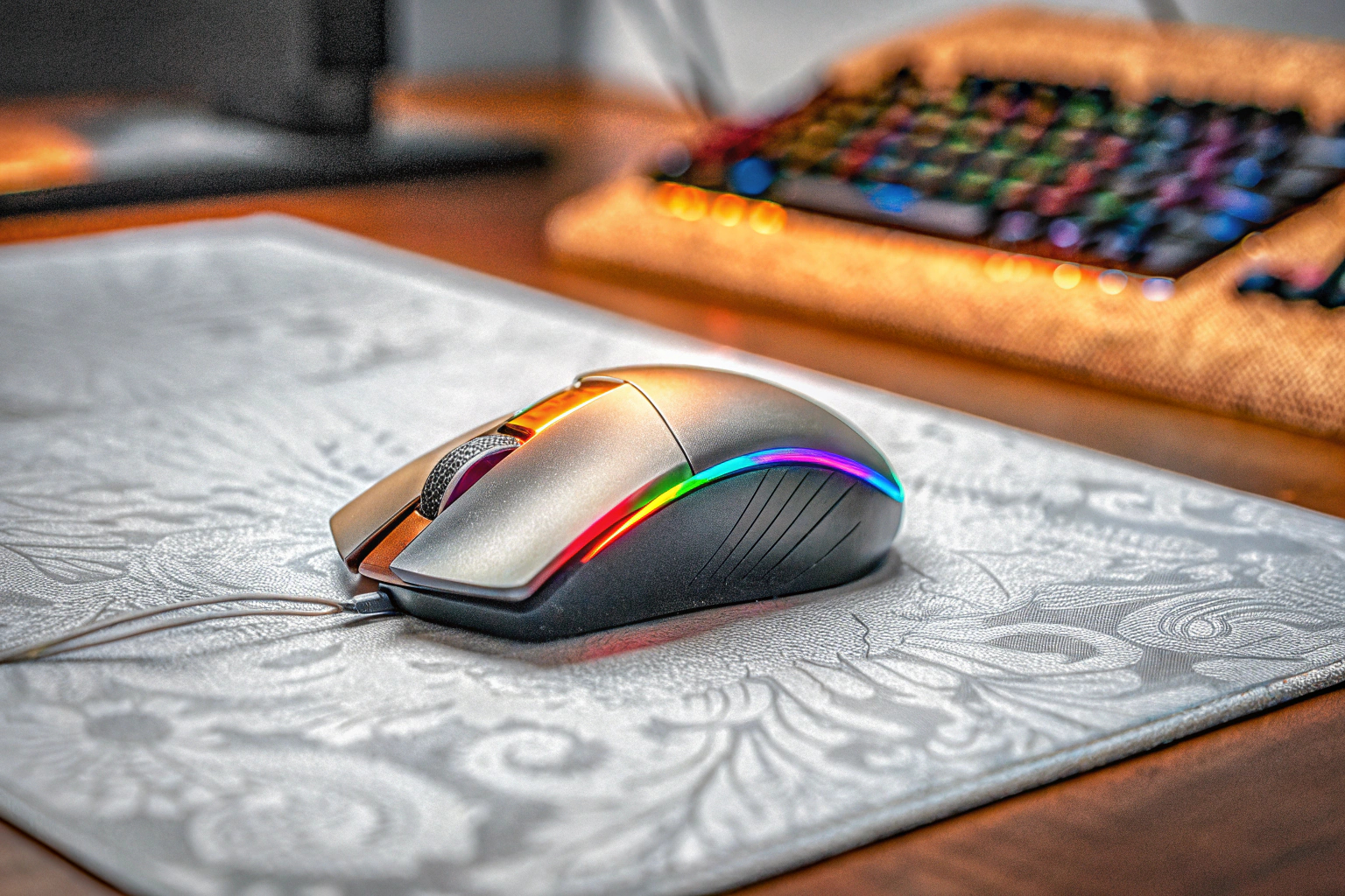 Detailaufnahme einer Gaming-Maus in Aktion, zeigt die ergonomische Form und die RGB-Beleuchtung. Gaming-Maus in Aktion