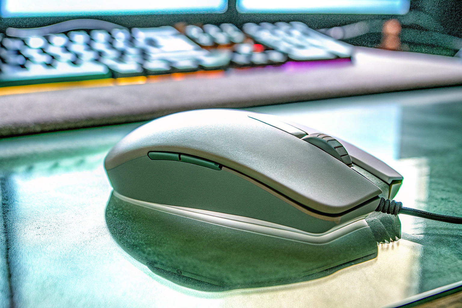 Detailaufnahme einer Gaming-Maus mit RGB-Beleuchtung, die auf einem Gaming-Setup leuchtet. RGB-beleuchtete Gaming-Maus im Einsatz