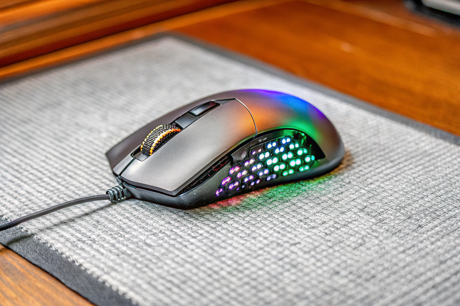 Detailaufnahme einer Gaming-Maus mit RGB-Beleuchtung und programmierbaren Tasten. Gaming-Maus mit RGB-Beleuchtung