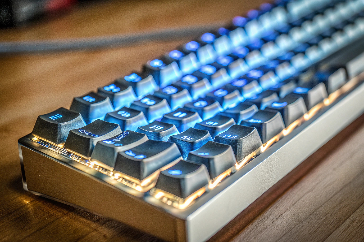 Detailaufnahme einer Gaming-Tastatur mit blauen Schaltern, ideal für lange Gaming-Sessions. Ergonomische Gaming-Tastatur
