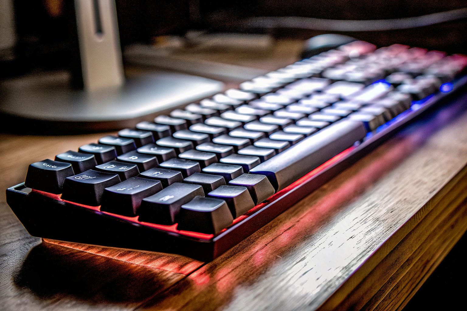 Detailaufnahme einer Gaming-Tastatur mit RGB-Beleuchtung. Gaming-Tastatur mit RGB