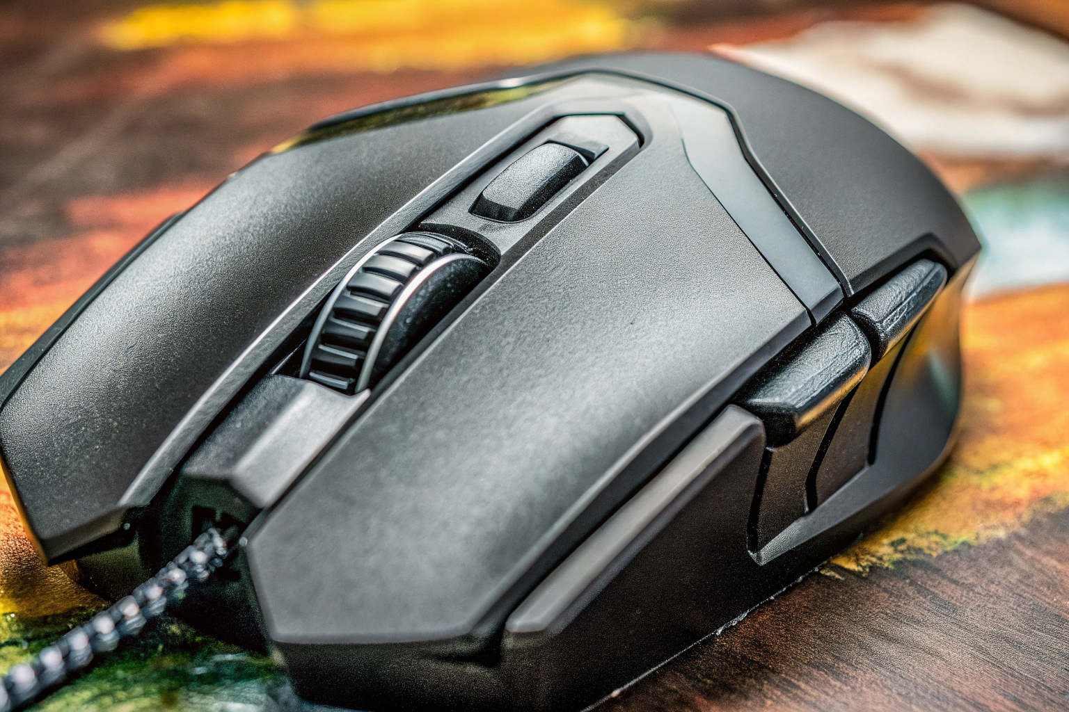 Detailaufnahme einer hochentwickelten Gaming-Maus mit ergonomischem Design. Ergonomische Gaming-Maus