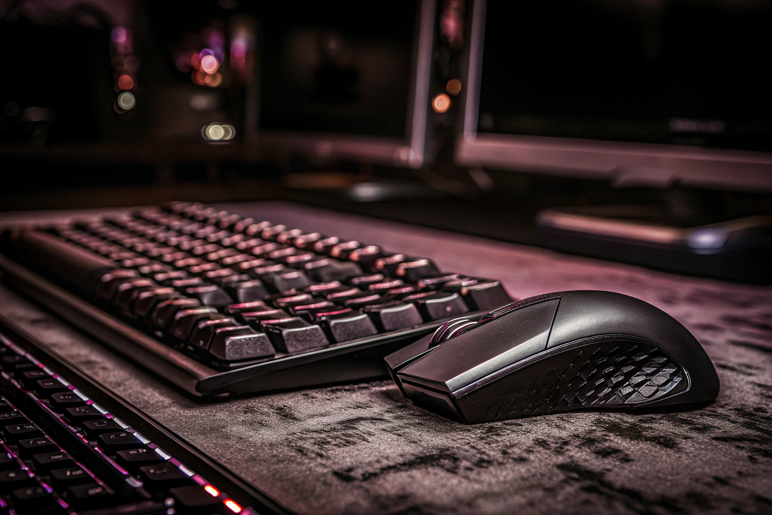 Detailaufnahme einer kabellosen Gaming-Tastatur und -Maus in einem modernen Gaming-Setup. Kabellose Gaming-Tastatur und -Maus
