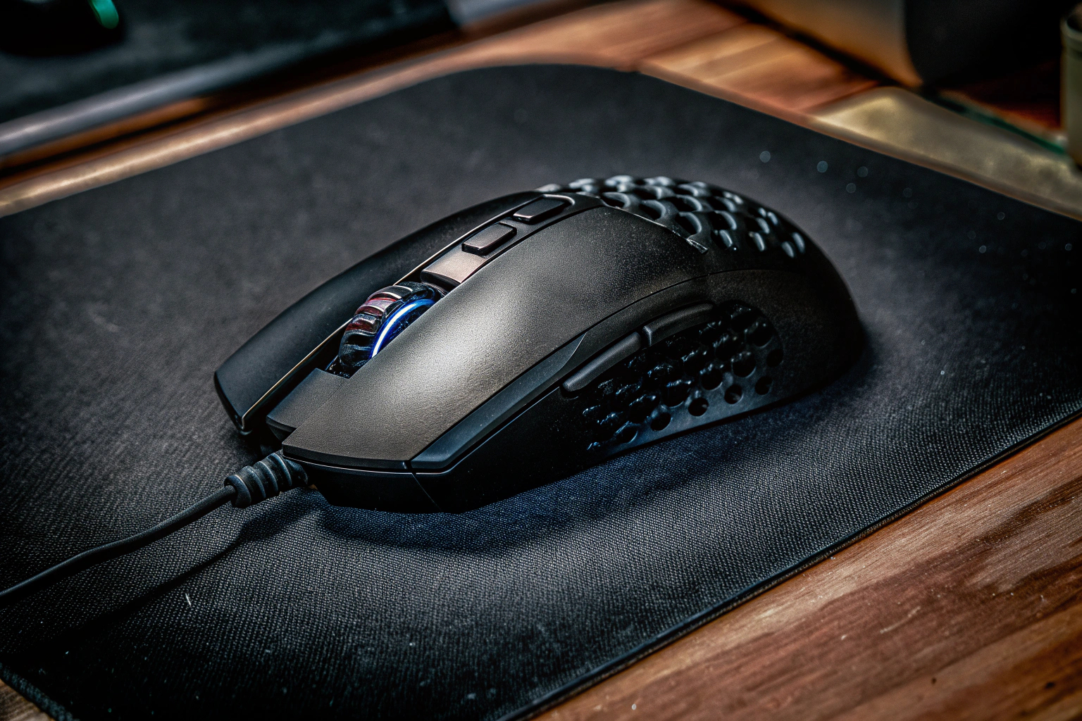Detailaufnahme einer Logitech G502 HERO Gaming-Maus mit RGB-Beleuchtung im Einsatz Logitech G502 HERO Gaming-Maus