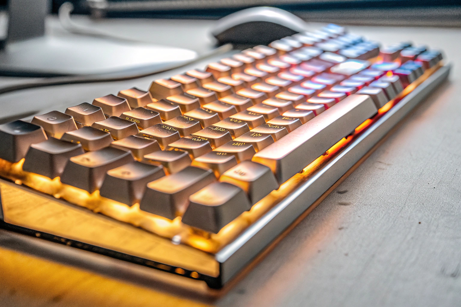 Detailaufnahme einer mechanischen Gaming-Tastatur mit RGB-Beleuchtung. Mechanische Gaming-Tastatur