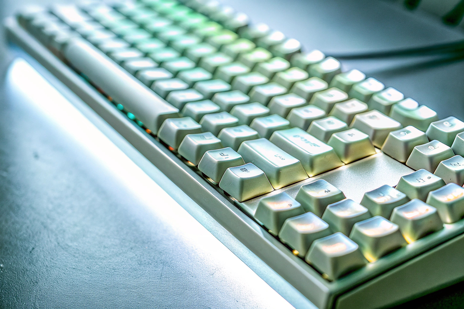 Detailaufnahme einer mechanischen Gaming-Tastatur mit RGB-Beleuchtung, die sowohl für Gaming als auch für Programmierung verwendet wird. Mechanische Gaming-Tastatur mit RGB-Beleuchtung