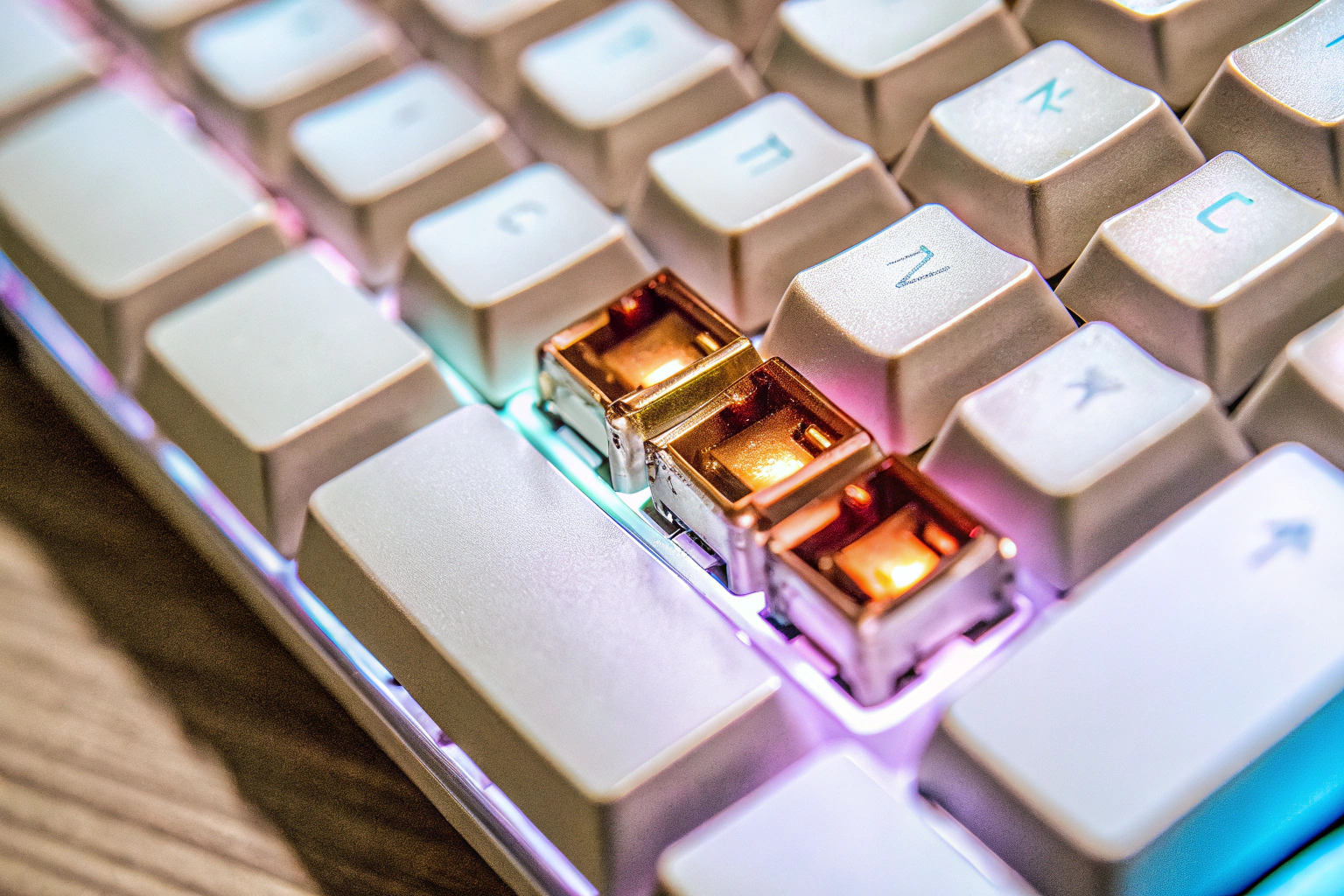 Detailaufnahme einer mechanischen Tastatur mit sichtbaren Schaltern und RGB-Beleuchtung. Mechanische Tastatur mit RGB-Beleuchtung