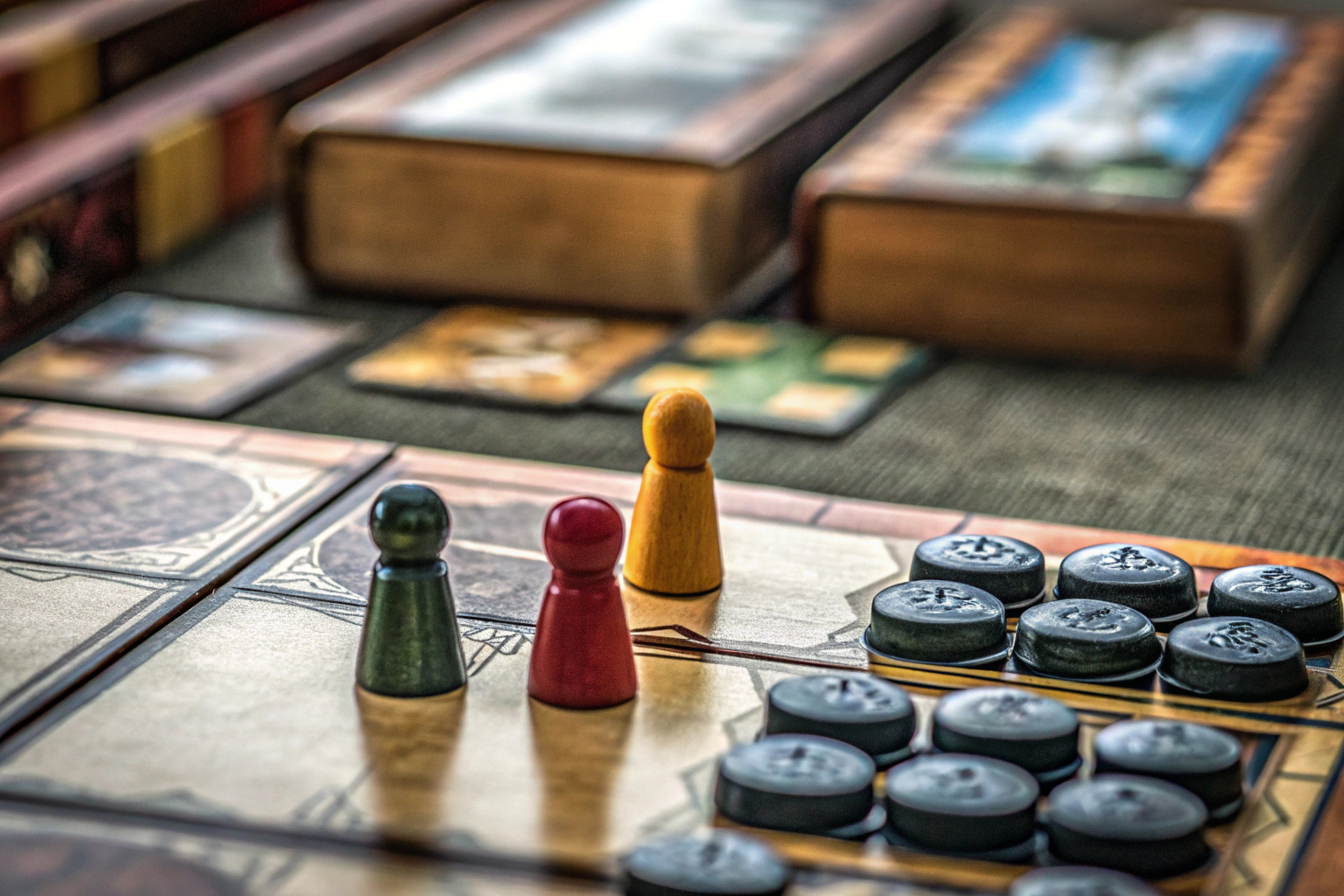 Detailaufnahme einer modernen Strategiespielszene, bei der kreative Mechaniken und tiefgehende Strategien sichtbar sind. Moderne Strategiespielszene