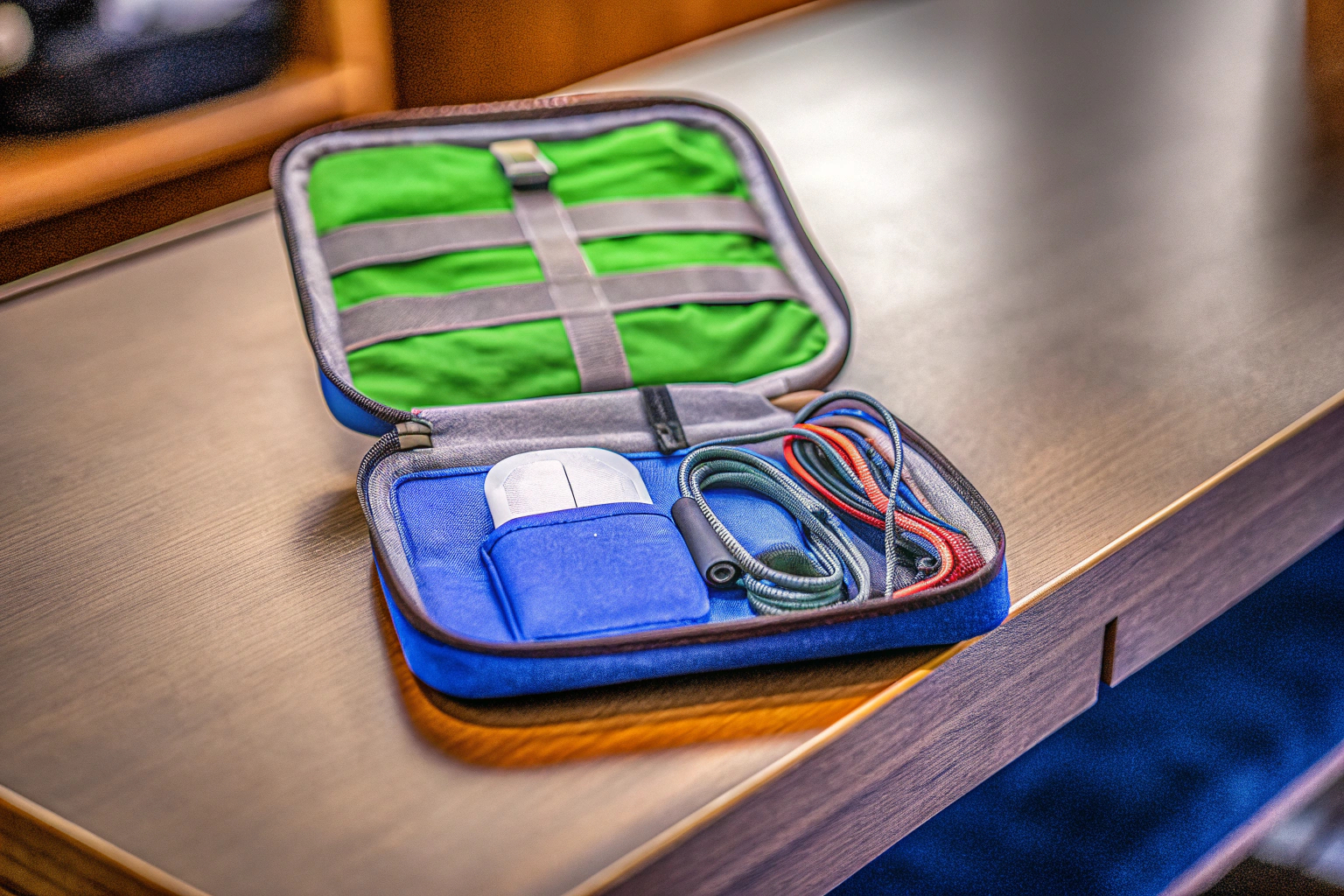 Detailaufnahme einer Reise Zubehör Organizer Tasche, die verschiedene Kabel und elektronische Geräte aufbewahrt. Organizer Tasche für elektronisches Zubehör